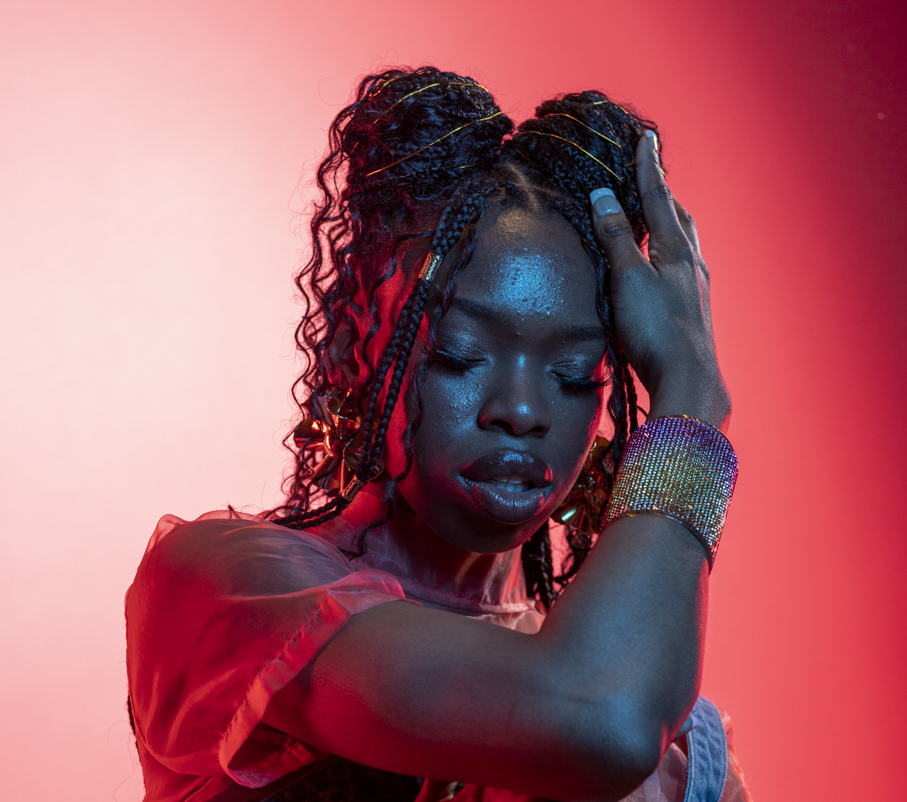 Services Stylish portrait of a woman with creative red lighting and braided hair in an artistic pose.